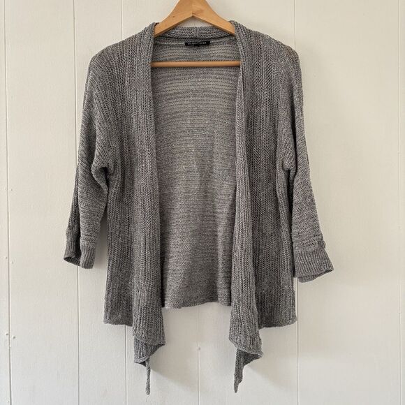 EILEEN FISHER Small Cardigan Sweater Gray Linen/Silk Open Front Neutral Minimal - Picture 2 of 11